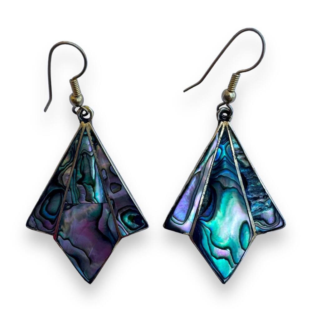 Vintage Alpaca Silver Plated Mexico Abalone Shell Dangle Earrings